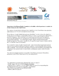 Suggestions to the Human Rights Committee for Disability-Related Questions to Consider for Its List of Issues for the United States