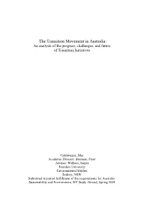 The Transition Movement in Australia: an Analysis of the Progress, Challenges, and Future of Transition Initiatives
