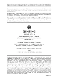 Disposal Mandate in Relation to the Future Disposal of Ordinary Shares of Norwegian Cruise Line Holdings Ltd