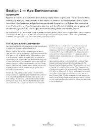 Section 2 — Ape Environments OVERVIEW Apes Live in a Variety of Biomes, from Dense Primary Tropical Forests to Grasslands
