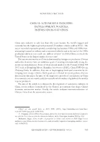 CHINA's AUTOMOBILE Industry: DEVELOPMENT, POLICIES