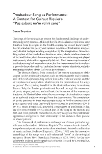 Troubadour Song As Performance: a Context for Guiraut Riquier’S “Pus Sabers No’M Val Ni Sens”