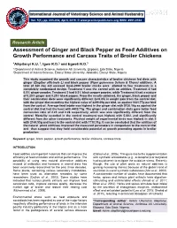 Assessment of Ginger and Black Pepper As Feed Additives on Growth Performance and Carcass Traits of Broiler Chickens