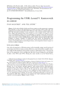 Programming the USSR: Leonid V. Kantorovich in Context