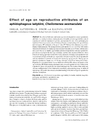Effect of Age on Reproductive Attributes of an Aphidophagous Ladybird, Cheilomenes Sexmaculata