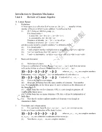 Introduction to Quantum Mechanics Unit 0. Review of Linear Algebra