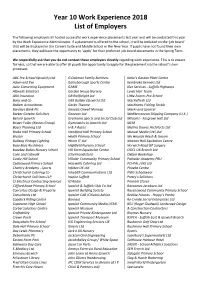 Year 10 Work Experience 2018 List of Employers