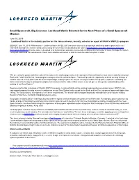 Lockheed Martin Selected for the Next Phase of a Small Spacecraft Mission