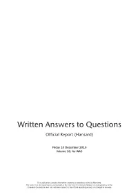 Written Answers to Questions Official Report (Hansard)