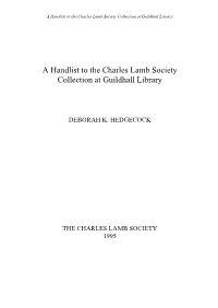 A Handlist to the Charles Lamb Society Collection at Guildhall Library
