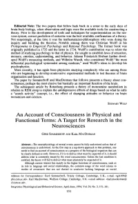 An Account of Consciousness in Physical and Functional Terms: a Target for Research in the Neurosciences