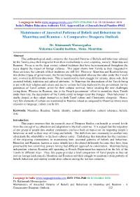 Maintenance of Ancestral Patterns of Beliefs and Behaviour in Mauritius and Reunion - a Comparative Diasporic Outlook