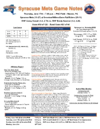 June 17Th Syracuse Mets Game Notes at Scranton:Wilkes-Barre