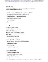 A Systematic Review Protocol of the Antiviral Activity of Chloroquine and Hydroxychloroquine Against COVID-19