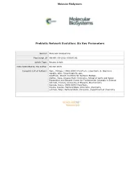 Prebiotic Network Evolution: Six Key Parameters