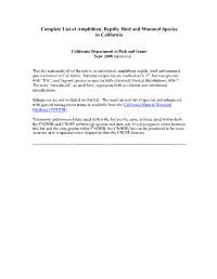 Complete List of Amphibian, Reptile, Bird and Mammal Species in California