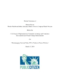 Written Testimony of Shanna Devine Worker Health and Safety Advocate
