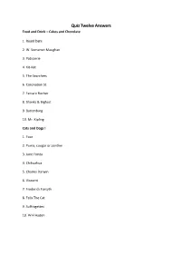 Quiz Twelve Answers Food and Drink – Cakes and Chocolate