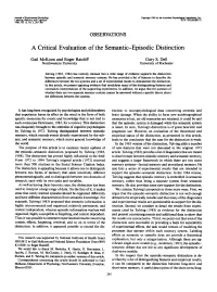 A Critical Evaluation of the Semantic-Episodic Distinction