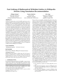 Fast Linking of Mathematical Wikidata Entities in Wikipedia Articles Using Annotation Recommendation