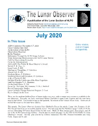July 2020 in This Issue Online Readers, ALPO Conference November 6-7, 2020 2 Lunar Calendar July 2020 3 Click on Images an Invitation to Join ALPO 3 for Hyperlinks