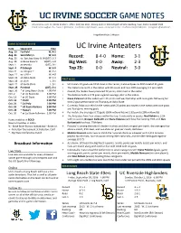 UC Irvine SOCCER GAME NOTES