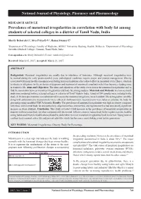 Prevalence of Menstrual Irregularities in Correlation with Body Fat Among Students of Selected Colleges in a District of Tamil Nadu, India