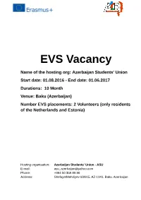 Baku (Azerbaijan) Number EVS Placements: 2 Volunteers (Only Residents of the Netherlands and Estonia)