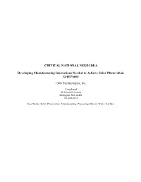 CRITICAL NATIONAL NEED IDEA Developing Manufacturing