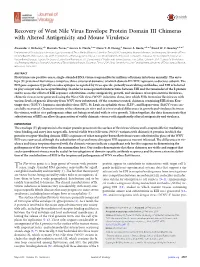 Recovery of West Nile Virus Envelope Protein Domain III Chimeras with Altered Antigenicity and Mouse Virulence