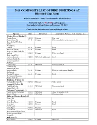 2011 COMPOSITE LIST of BIRD SIGHTINGS at Bluebird Gap Farm
