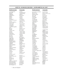 List H - Igneous Rocks - Alphabetical List