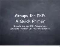 Groups for PKE: a Quick Primer Discrete Log and DDH Assumptions, Candidate Trapdoor One-Way Permutations