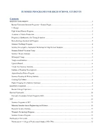 SUMMER PROGRAMS for HIGH SCHOOL STUDENTS Contents