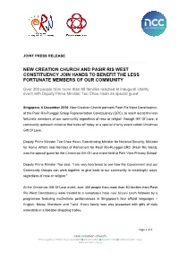 New Creation Church and Pasir Ris West Constituency Join Hands to Benefit the Less Fortunate Members of Our Community