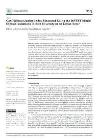 Can Habitat Quality Index Measured Using the Invest Model Explain Variations in Bird Diversity in an Urban Area?