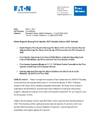 Eaton Reports Strong First Quarter 2021 Results, Raises 2021 Outlook