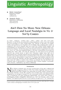T Dere No More: New Orleans Language and Local Nostalgia in Vic &#X0026