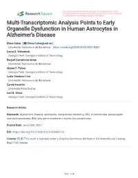 Multi-Transcriptomic Analysis Points to Early Organelle Dysfunction in Human Astrocytes in Alzheimer’S Disease
