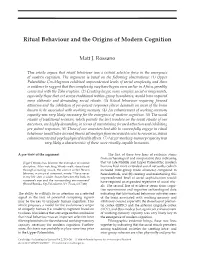 Ritual Behaviour and the Origins of Modern Cognition