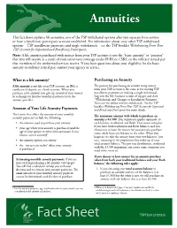 Fact Sheet Explains Life Annuities, One of the TSP Withdrawal Options After You Separate from Service Or Have a Beneficiary Participant Account Established