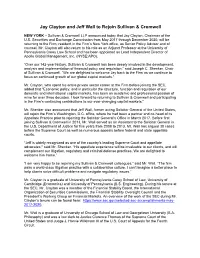 Jay Clayton and Jeff Wall to Rejoin Sullivan & Cromwell