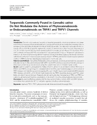 Terpenoids Commonly Found in Cannabis Sativa Do Not Modulate the Actions of Phytocannabinoids Or Endocannabinoids on TRPA1 and TRPV1 Channels