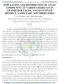 Population and Distribution of Avian Community at Various Habitats in Tranqubar Taluk, Nagapattinam District, Tamilnadu, Southern India R