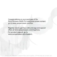Congratulations on Your Purchase of the Sony Ericsson S500i. for Additional Phone Content, Go To