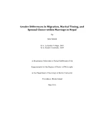 Gender Differences in Migration, Marital Timing, and Spousal Choice Within Marriage in Nepal