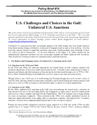 US Challenges and Choices in the Gulf: Unilateral US Sanctions