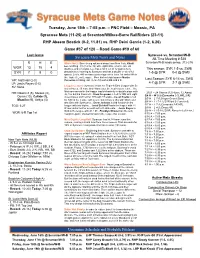 June 15Th Syracuse Mets Game Notes at Scranton:Wilkes-Barre