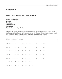 APPENDIX 1 BRAILLE SYMBOLS and INDICATORS Line 1