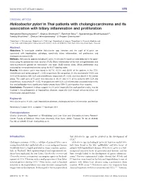 Helicobacter Pylori in Thai Patients with Cholangiocarcinoma and Its Association with Biliary Inflammation and Proliferation